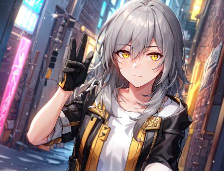 ((masterpiece)), female trailblazer, 1girl, solo, long_hair, looking_at_viewer, bangs, shirt, gloves, hair_between_eyes, closed_mouth, jacket, yellow_eyes, white_shirt, grey_hair, black_gloves, hood, peace sign, 

masterpiece, best quality, high quality, absurdres, shiny skin, colorful, dynamic pose, stunning art, best quality, hyper detailed, dynamic angle, beatlful detailed, reflective hair, good lighting, ray tracing, depth of field, ultra-detailed, illustration, Amazing, fine detail, extremely detailed, ((ultra-detailed)), (beautiful detailed girl), beautiful detailed glow, intricate detail, highres, an extremely delicate and beautiful, beautiful detailed eyes, realistic, hdr, rounded eyes, detailed facial features,

(illustration), (beautiful detailed eyes), ((very detailed face)), depth_of_field, eyebrows_visible_through_hair, frills, looking_at_viewer, outdoors, (upper body:1.4),

clothes reflecting light, (light diffraction on skin: 1.35), (glossy skin: 1.55), (Iridescence Effect: 1.55),

(alleyway, night, neon lights, dimly lit, sign:1.5),

critical angle, thick thighs,