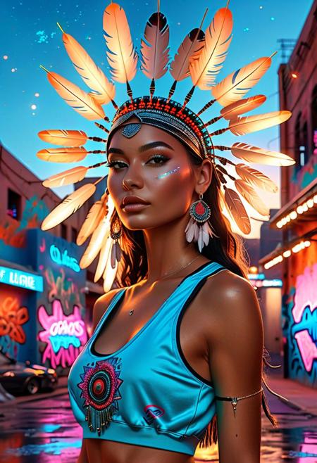 a photo portrait of soul
 (huge source of light in the center:1.5),Indian feather headdress, desert in the background, Indian bridge with a panoramic view of the city. The scene is illuminated by neon lights from nearby buildings, adding a mystical quality to the ambiance. wigwam, red sunset, ultra quality, ultra detailed, masterpiece  trending on artstation, digital art, realistic, full body, symmetrical face, beautiful, 8k, high resolution, hyperrealistic, focused, extreme details(Surrealism:1.5),epic composition,serene night, beautiful sky, dancing silhouette, Complex landscape, best quality, pastel colors, light blue tint, aesthetic Ethereal, Effulgent, Idyllic atmosphere,  Tranquil,  ethereal quality, cinematic volume, Twinkling lighting, glowing aura, global illumination,  glowneon, Anisotropic Filtering, Unrivaled Opus, Unconventional, hyper detailed, HDR, of slouchy joggers paired with a cropped tank top, teasing a glimpse of her toned midriff. Posing against a backdrop of colorful graffiti, she exudes a rebellious charm, embodying the essence of urban allure.  Eerie, unsettling, dark, spooky, suspenseful, grim, highly detailed  The overall ambiance of the illustration is clean, modern, and abstract, with a touch of surrealism., illustration background covered with glowing stars, there is a galaxy in the background at the top corners of the screen, falli
