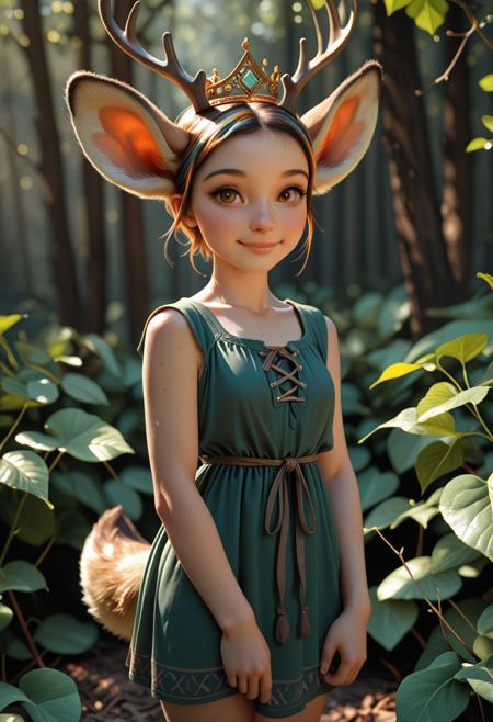 sexy:2, beautiful, ultra realistic, high detailed skin, high res, very aesthetic, Smooth Quality, HDR, 8k, 3d render, realistic skin, realistic textures, masterpiece, best quality, high resolution, absurdres, face_focus, retro, grunge A delicate low-angle view graceful gentle deer-girl character with velvety brown ears and a short tail visible beneath her skirt her short soft fawn-colored hair highlighting her large ears wearing a simple tunic dress made of soft, undyed linen in earthy tones with a crown made of woven twigs and delicate green leaves her features delicate and fine-boned her expressive amber eyes watching a distant sound a quiet, subtle smile playing on her lips standing poised and alert, ears swiveling under the soft, dappled light shifting through leaves using a muted palette of greens, browns, and soft whites like birch bark creating a feeling of gentle shyness and serene beauty., <lora:add-detail-xl:0.8>