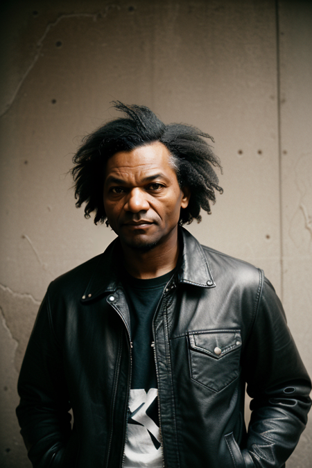 FrederickDouglass, ((1980s photograph, upper body, portrait, punk rock style, leather jacket, torn jeans, wild punk hair, urban graffiti background)), vintage Nikon FM2, 35mm f/2.8, 1/125s, ISO 800, ((punk rebellion))