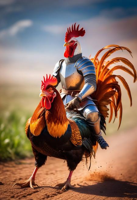 a tiny errant knight riding a rooster to battle, epic photo, action photography, comical and funny, colorful scene,