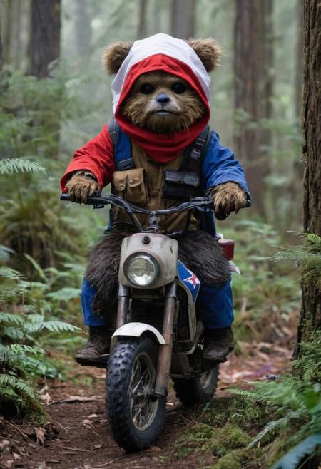 A full body photo of an Ewok on Endor, it's carrying an Uzi and riding an ATV, 
It looks cute and adorable yet fierce at the same time, The Ewok equivalent of Rambo, funny, 
highest quality, exceptional accuracy and realism,,(use only red, white and blue for colors:3)