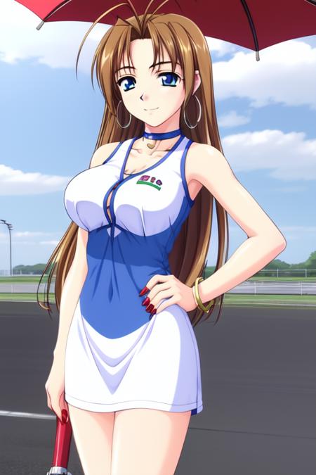 <lora:Reiko:0.8> Reiko, 1girl, solo, blue eyes, brown hair, long hair, jewelry, earrings, race queen, antenna hair, nail polish, red nails, hoop earrings, closed umbrella, umbrella, dress, choker, hand on hip, huge_breasts,
masterpiece, best quality,4k,8k, 
racing track,