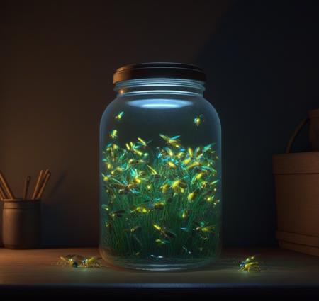 A jar of fireflies in a dark room, global illumination, pathtracing highly detailed, high quality, 4K, anatomically correct, hyperrealistic, concept art, octane render, unreal engine 5, trending on Artstation, trending on DeviantArt, matte, historical painting, fantasy style, path traced, high coherence, soft lighting, digital painting, mythical