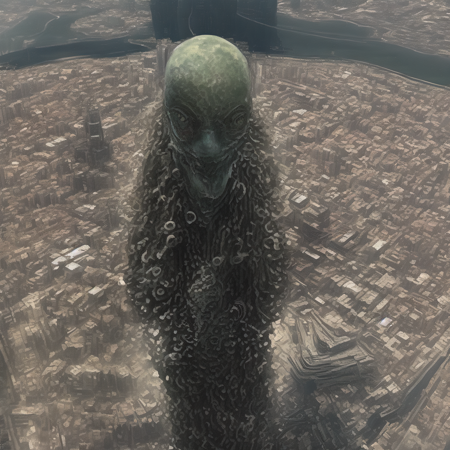 photo, a strange looking creature standing in the middle of a city (megademons style:1) <lora:djzMegaDemonsV21:1>