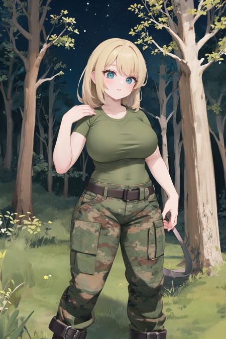 bootsnutes, <lora:bootsnutes3:0.6>, shirt tucked in, green shirt, t-shirt, camouflage pants, black belt, belt buckle, outdoors, 1girl, forest, night, large breasts, wide hips