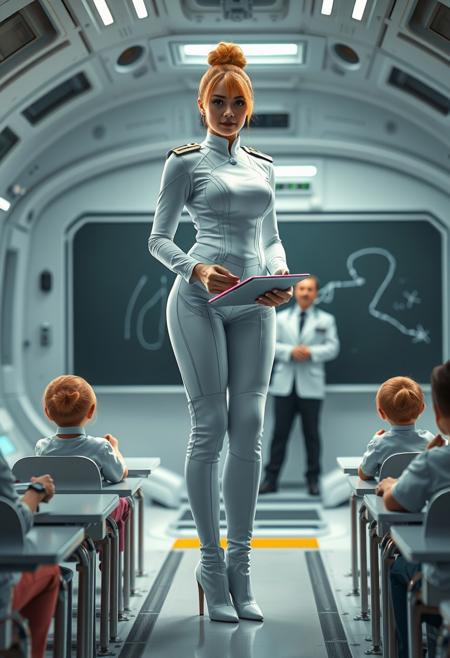 8k, realism, 1 girl standing on white spaceship, white officer galaxy oufit, hair is tucked into a ball on the head, statuesque woman, proud pose, proud face, head a bit up, white thigh-high boots with high heels,
yellow hair, blue eyes, pretty russan face, 33 years old mature woman, children are sitting at their desks and looking at the teacher,  The teacher stands in front of the blackboard with a pointer,
upper body focus, neck, eyes,
space background, 
realism, cinematic light, holding digital tablet,