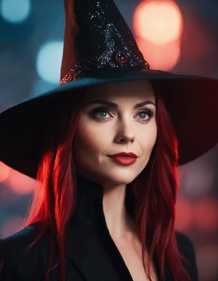 cinematic photo closeup portrait the scarlet (((ohwx woman))) witch, pointy hat, concept art by ross tran <lora:ricci_lora_sdxl_v1-000008:1.1> . 35mm photograph, film, bokeh, professional, 4k, highly detailed