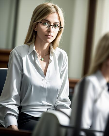 award winning waist up photo of a beautiful lawyer, alone, solo, wearing pressed white blouse, glasses, briefcase in foreground, courtroom in background, judge, short blonde hair, green eyes, sitting in a courtroom, shallow depth of field, high contrast, shiny skin, backlighting, bloom, light sparkles, chromatic aberration, sharp focus