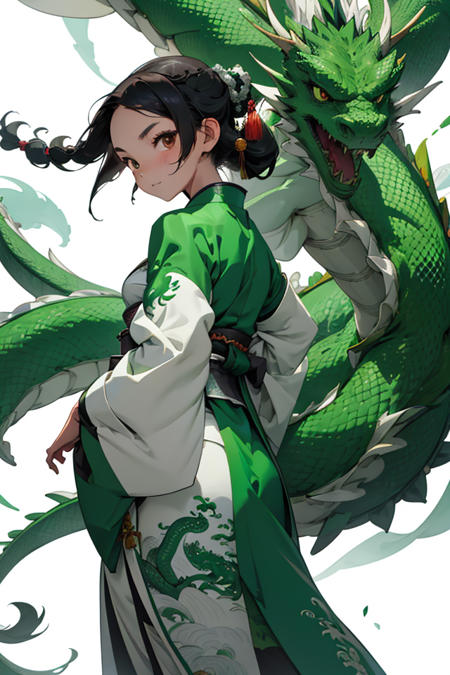 1girl, with a green dragon in back, wear green hanfu, Chinese Traditional cloth, long black hair, hair braid, white background, ink painting style
