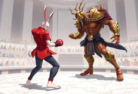 anime, 2 fighters, one has human shape (arms, legs, stature) thin and white skin with 2 long bunny ears from his head upwards and a bit of white fur from his head to his the back of his neck he wears an open red jacket and fingerless gloves and tight back jeans and has a bunny tail outside his jeans and is in a boxer pose, the other is a tall human shape warrior with brown skin gold rings tight on his arms neck biceps and ankles and a gold armor on his head with his face showing his smile if very large and evil his pose is of a fighter, they are on a whte platform made of squire white marbles, floating, with fastastic cicular designs and they have public sitting in floating stands to watch them.