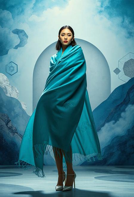 Full-body contemporary abstract photograph of a elegant woman wearing a flowing turquoise cashmere shawl with delicate turquoise flame patterns, standing in a semi-surreal environment blending organic shapes and architectural elements. The background features dreamlike washes of ultramarine and silver, with subtle floating geometric motifs inspired by Ukiyo-e clouds. Lighting combines soft studio strobes with atmospheric glow, creating dimensional shadows that interact with the shawl's folds. Composition balances realistic human proportions with slightly exaggerated fabric movement, evoking a living oil painting. Texture details: fine wool fibers visible, slight film grain. Style fusion: Richard Avedon's fashion realism + Egon Schiele's expressive lines + niji's color vibrancy (but photorealistic).
