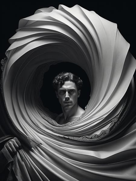 <lora:04Vintageillustration_Hap_XL:3.3>,Norman Rockwell style,vintage poster, A person with fabric like waves coming off them with lots of depth and contrast to them, a persons face and front body, black and white still, digital Art, perfect composition, beautiful detailed intricate insanely detailed octane render trending on artstation, 8 k artistic photography, photorealistic concept art, soft natural volumetric cinematic perfect light, chiaroscuro, award - winning photograph, masterpiece, oil on canvas, raphael, caravaggio, greg rutkowski, beeple, beksinski, giger,