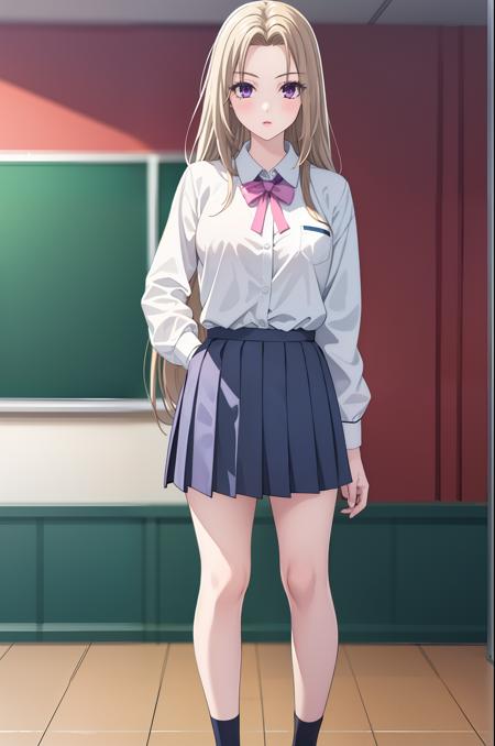 masterpiece, best quality, 1girl, solo, isaku, platinum blonde hair, bangs, bangs that frame both sides of her face, fair complexion, full pink lips, soft purple eyes, school uniform, blue skirt, white shirt, standing, full body, medium breasts, classroom