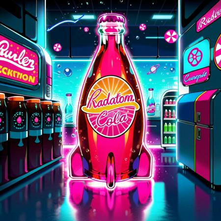 For a cartoon-style depiction of 'Radiation Flavored Nuclear Cola', imagine a whimsical, vibrant soda bottle, playfully exaggerated with a bright, cartoonish neon glow. The label is lively and colorful, showcasing a quirky, atomic-themed logo, and the words 'Radiation Flavored Nuclear Cola' in fun, bold lettering. The bottle, with its exaggerated curves, looks refreshingly cool, with stylized droplets of condensation and a playful light effect that highlights its cartoon nature. The backdrop is a fantastical, cartoon version of a futuristic lab or fridge, emphasizing the beverage's unique, sci-fi inspired theme, blending playful humor with a touch of whimsical futurism, <lora:nukacolas:0.75>