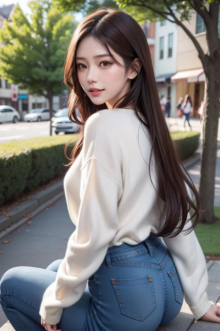 reikamiki, 1girl, solo, jeans, pants, long hair, denim, brown hair, sitting, looking at viewer, outdoors, looking back, blurry, parted lips, sweater, blurry background, brown eyes, lips, realistic, from behind, long sleeves, shirt, tree, striped, blue pants, smile, day