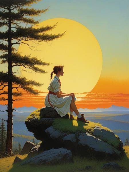 <lora:04Vintageillustration_Hap_XL:1>,Norman Rockwell style,vintage poster, Harmonious dawn, bright sun cresting the horizon, silhouettes of European fields and forests awakening, heart-centered composition, young girl leans on mossy boulder, arms resting, gaze fixed on the sunrise, tears glistening on her cheeks, oil painting blending the techniques of Alan Paterson, Luis Royo, and Pino Daeni, Wadim Kashin influences, soft illumination contrasts with deep shadows,ï¼