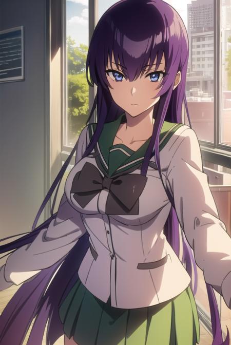 saekobusujima, <lyco:saekobusujima-LYCORIStest:1>,
saeko busujima, long hair, purple hair, (purple eyes:1.1), hair between eyes,
BREAK skirt, long sleeves, bow, school uniform, serafuku, green skirt,
BREAK looking at viewer,
BREAK indoors, classroom,
BREAK <lora:GoodHands-vanilla:1>, (masterpiece:1.2), best quality, high resolution, unity 8k wallpaper, (illustration:0.8), (beautiful detailed eyes:1.6), extremely detailed face, perfect lighting, extremely detailed CG, (perfect hands, perfect anatomy),