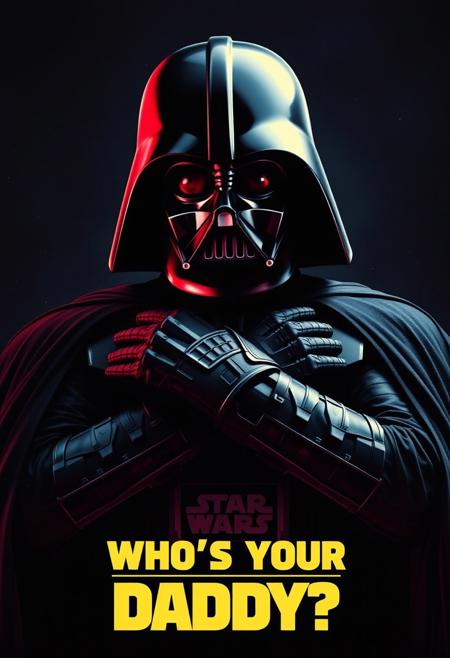 Scifi movie poster of Darth Vader looking down to viewer in a dominant pose with crossed hands. The title says "Who’s your daddy?" in star wars lookalike fonts.