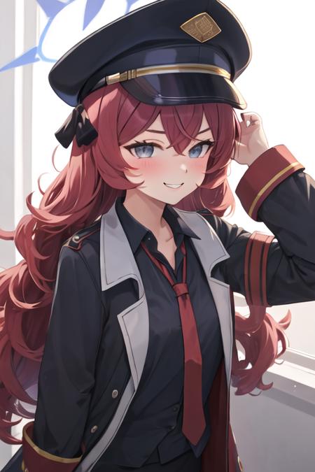 best quality, masterpiece, highres, solo, {iroha_bluearchive:1.15}, long_hair, red_hair, halo, bangs, blush, hat, hair_between_eyes, peaked_cap, black_headwear, grey_eyes, military_hat, necktie, red_necktie, smile, very_long_hair