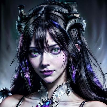 8k HD hyper realistic: masterpiece, best quality, high-res, hyper realistic, al1, black and purple demon horns, round face, eyes with slit pupils, white gloves, all white dress high slit , bare shoulders, detached collar, cleavage, black feathered wings with royal blue spots, low wings mid back, , cowboy shot, standing, smile, dungeon, evil smile," full body shout"  (dimly lit) (wide angle) (low light)