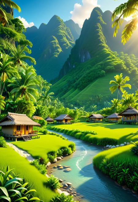 A lively field, featuring lush green grass, serves as the backdrop for a quaint nipa hut, nestled among towering mountains in the background. A tranquil river meanders through the scene, surrounded by tall trees, creating a serene atmosphere. The warm sunlight casts its glow across the landscape, enhancing the ultra-detailed, high-quality, and cinematic depth of the scene. The overall ambiance is peaceful and idyllic, immersing the viewer in a harmonious and picturesque environment.