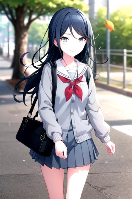 <lora:Ichika3rd-06:0.7>,ichika3rd, looking at viewer, smile,  skirt, shirt, long sleeves, holding, closed mouth, school uniform, standing, collarbone, jacket, pleated skirt, outdoors, shoes, serafuku, solo focus, day, socks, sailor collar, bag, blurry, blue skirt, neckerchief, kneehighs, floating hair, depth of field, blurry background, leaf, phone, sunlight, cardigan, cellphone, white socks, loafers, grey shirt, light particles, smartphone, red neckerchief, tsurime, holding phone, school bag, white sailor collar, head out of frame, dot nose, holding strap