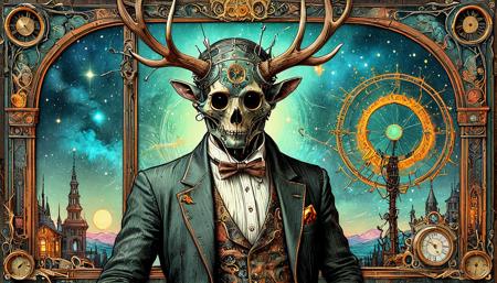 Hieronymus Bosch and Alphonse Mucha illustration, of an ancient dark eyed solarpunk figure, with cyber antler antenna, in an elegant mythic suit embroidered with elaborate Art Nouveau flourishes, emerging from a sonoluminescent embryonic nebula, organic steampunk television screen, enchanting creatures, rusted machines and industrial decay  <lora:TQ_-_Newspaper_Style:1> <lora:InkArtXL_1.2:1>