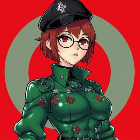 G0thicL1nes, a stylized character with a striking appearance. The character is depicted with pale skin and short, red hair, wearing a military-style black cap adorned with a silver emblem. She has round glasses and a confident expression. The outfit is a glossy green, form-fitting ensemble with intricate details, including a high-collared coat and multiple red cross motifs. The character's attire is accessorized with belts and metallic elements, contributing to a futuristic, authoritative look. Her body is alluring and seductive, with large breasts and small waist. The background is a solid, vibrant red, enhancing the dramatic and bold aesthetic of the image. <lora:FluxMythG0thicL1nes:1>