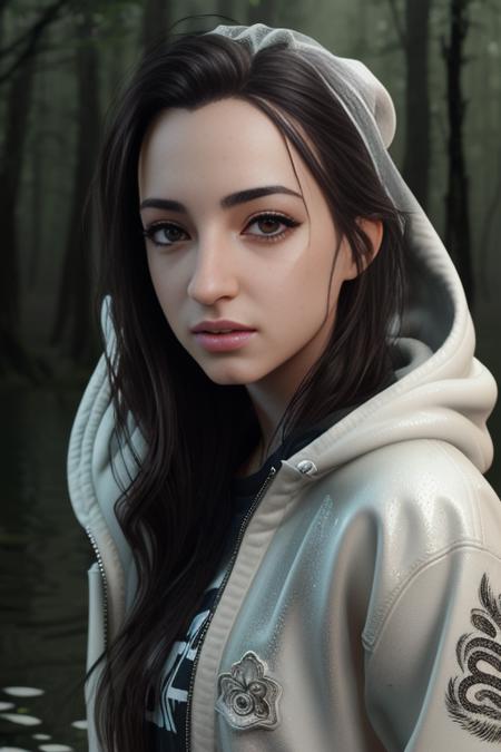 GibiASMR outside in the rain, soaking wet, dank swamp, (detailed facial features:1.15), Unreal Engine 5, 8K, HQ, HDR, amazing detail, intricate details, shallow depth of field, reflections, art by artgerm and greg rutkowski<lora:GibiASMR:1.0>