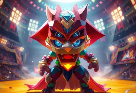 "Highly Detailed Illustration: A Destiny HERO - Diamond Dude, vibrant in red, blue, green, and yellow, stands poised on a yellow Amazoness Arena, ready for action. The A Destiny HERO - Diamond Dude, a fusion of shapes and sizes, has striking blue eyes and a bold red mouth. The image is a 4K masterpiece, with lifelike details, sharp lines, and stunning colors. The lighting is cinematic and dynamic, with glowing lights and intricate volumetric effects. This epic artwork exudes vibrant energy, vivid emotions, and a powerful message, perfect for CGSociety and Artstation showcase."