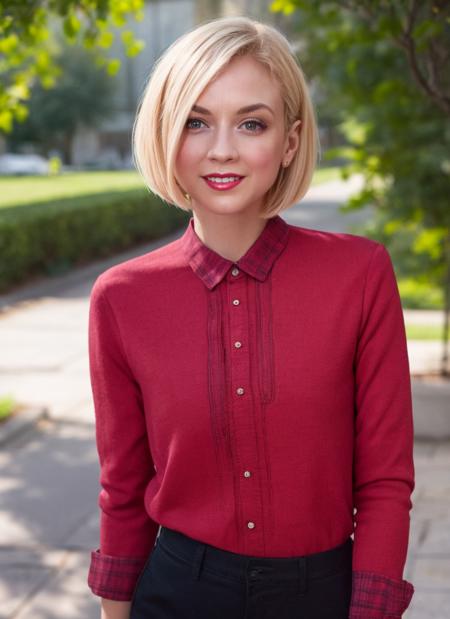 portrait photography, red checkered shirt, bobcut, smile, Texas background, soft colors, bokeh, (high detailed skin:1.1)
 <lora:emily_kinney_lora_v01:1> 3mk1n1