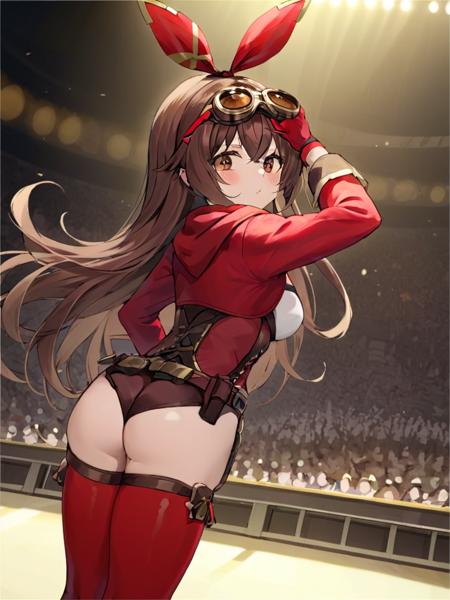 (\an bo\), goggles,long hair,gloves,shorts,brown hair,red thighhighs,cleavage,red ribbon,long sleeves,