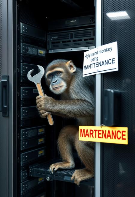 a monkey hitting a server rack with a wrench, the pow is behiad a glass door and a sign on the pommel recite "Higly trained monkey doing MAINTENANCE"