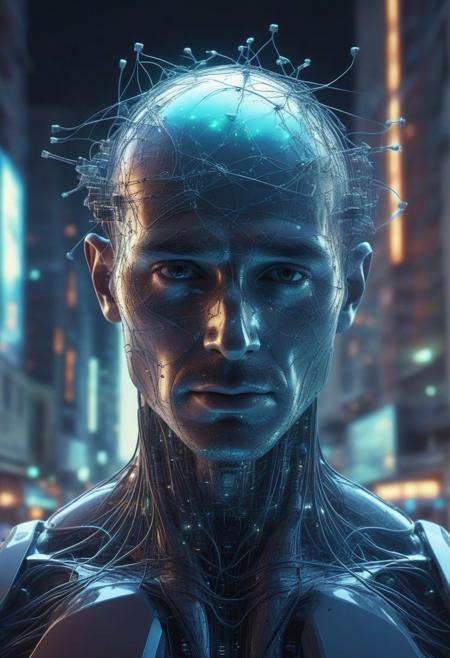 a man's head with many neurons with current in the form of wires connected to the city of the future. matrix style. .hd. 8 k. hyperrealistic. space. abandoned city. Highly detailed illustration of a hidden world inside planet earth, atmosphere, futuristic city and spaceship in the background, holographic shimmer, whimsical lighting, futuristic ambiance, soft textures, imaginative artwork, ethereal glow, silent Luminescence, whispering Silent, iridescent Encounter, vibrant background, rule of thirds, high quality, high detail, high resolution, bokeh, backlight, long exposure