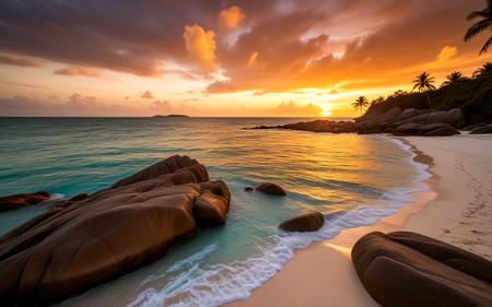 ,A golden autumn sunset at Petite Anse, La Digue, with warm hues illuminating the horizon. The beach is lined with striking granite boulders and swaying palm trees, while the tranquil waters reflect the vibrant colors, creating a peaceful and romantic ambiance,, sweeping landscapes, unique perspectives, epic scale, revealing hidden beauty, showcasing vastness, immersive experience, precise compositions, expert piloting, dynamic angles, cinematic storytelling, showcasing natural wonders, aerial exploration