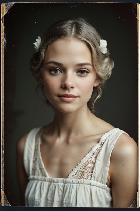 GabriellaWilde, ((light blonde hair)), ((1910s photograph, upper body, portrait, Edwardian attire with a Gibson tuck, soft blush and rosy cheeks, wearing a cotton chemise with square neckline, ruffled cuffs, and delicate lace trim, antique setting)), Century Camera Co. Studio, 160mm f/8, 1/10s, ISO 25, ((tintype))