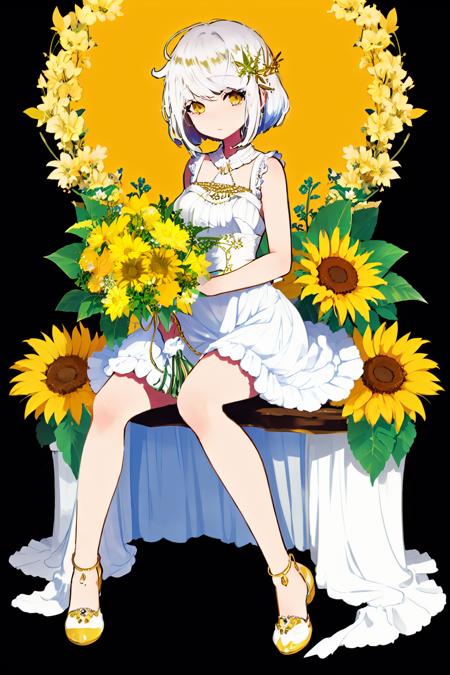 Pisces,Pisces, 1girl, solo, flower, dress, yellow eyes, hair flower, hair ornament, yellow flower, white background, holding, short hair, frills, looking at viewer, white hair, white dress, bangs,sleeveless, sitting, frilled dress, personification, sleeveless dress, closed mouth, jewelry, bare shoulders, simple background, bouquet, bow, holding flower, full body
<lora:Pisces:1>