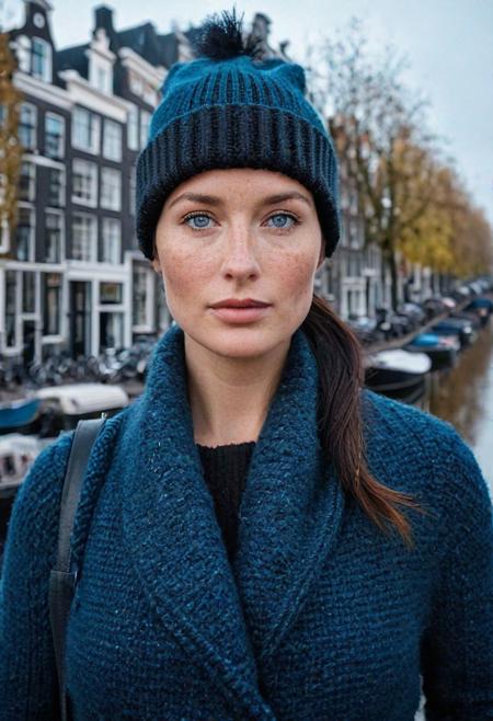 Stunning analog photo of a beautiful 38 years old Dutch woman, sweater, coat, beanie, perfect face, absolute beauty, sexy pose, natural raven black hair, ponytail, blue eyes, freckles, freckles and moles all over body, absolute perfect tits, big tits, soft natural tits, a walk along the Prinsengracht in Amsterdam, early morning, misty, soft natural early morning light light, ultra realistic, extremely detailed