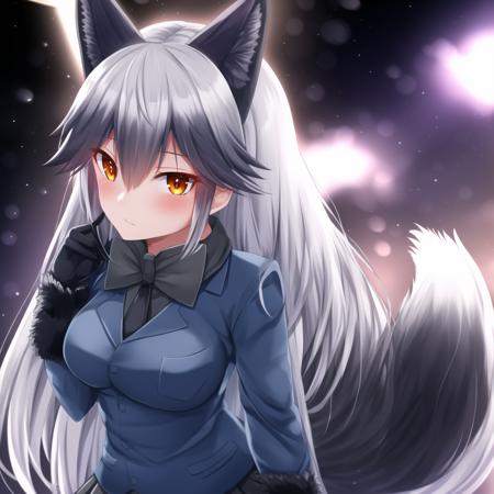 gingitsu, 1girl, solo, animal ears, fox ears, long hair, fox tail, silver hair, black pleated skirt, black gloves, black fur trim, black bowtie, pantyhose, black legwear, long sleeves, black necktie, black undershirt, hair between eyes, very long hair, fur-trimmed sleeves, fox girl, bangs, orange eyes, blue blazer, sidelocks, black loafers, black ears, black tail, white tipped tail, detailed shading, detailed ambient light