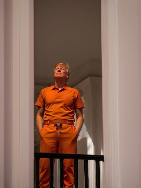 Trump768, full body, orange jumpsuit, looking up, detailed eyes, photography, ultra-sharpness, highest quality, art of Anya Millen, smooth, clear focus, trend on artforum, behance hd, muted colors    <lora:Trump768:0.7>