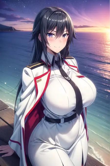 highres, perfect anatomy, nice hands, perfect hands, ReiriHida, long hair, black hair, dark blue eyes, big breasts, soft smile, blush, (30yrs old:1.3), cute nose, white military uniform, white military cloak, black tie, long tie, long skirt, blue skirt, stockings, on a cliff, ocean view, evening, dusk, comet, dynamic angle, <lora:more_details:2>
