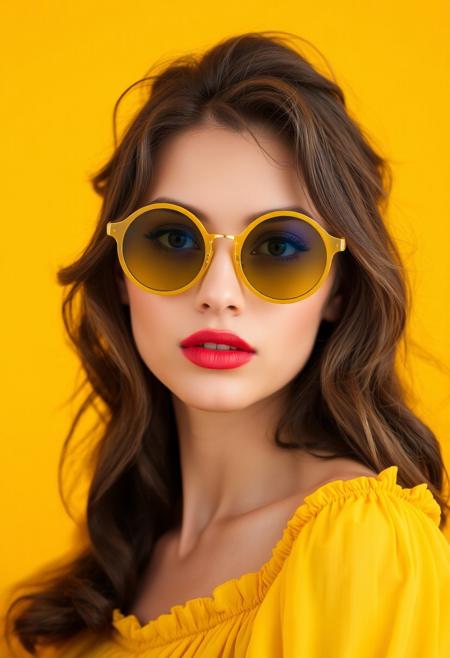 Close-up of a woman with dark brown, wavy hair and round, yellow sunglasses. 
The woman is positioned against a solid yellow background. Her face and upper torso are the central focus.  Her skin appears smooth and light-toned. 
She has a soft, slightly lifted expression, and her lips are painted with a vibrant, coral-toned lipstick. Her eyes are visible beneath the sunglasses.
The sunglasses are round and yellow, with gold-toned rims and a noticeable frame.  
The woman is wearing a loose, yellow, off-the-shoulder top with a ruffled or pleated design. The fabric looks like a type of soft, flowing silk or chiffon. The fabric texture is visible; the pleats and folds are apparent.
The lighting highlights the woman's features and creates a warm, slightly soft glow. The yellow background contrasts sharply with her skin and clothing, emphasizing her appearance. The image's overall aesthetic is fashion-oriented, possibly for a magazine or social media.
<lora:FLUX-daubrez-DB4RZ-v2:1> DB4RZ, DB4RZ style painting