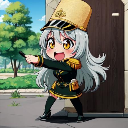 masterpiece, best quality, (1girl, solo),
umami, 1girl, shako cap, long hair, hat, open mouth, epaulettes, parody, smile, skirt, thighhighs, band uniform, :d, fake screenshot, grey hair, yellow eyes, solo, style parody.chibi
<lora:Umami-0011:0.65>
perfect anatomy, dynamic pose, full body, 
outdoors,((( blush)))