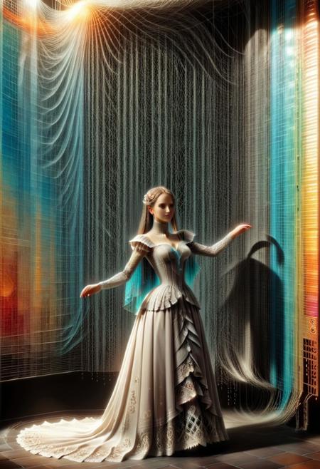 mural of a woman in the style of alphonse mucha made of separate tiles, 3d textures, 3d blocks, 3d shadows <lora:ral-bismut:1> ral-bismut <lora:add-detail-xl:1>, (masterpiece:1.2), best quality, cyberw0rlds, victorian dress, fully dressed, ral-dissolve,