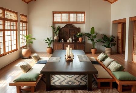 "A tranquil ritual room blending Japandi + Tropical styles with light wood and earth tones as the primary palette. At its center is a traditional dark wood dining table for 8-12, placed behind a rich wood altar adorned with handcrafted incense holders, candles, and fresh offerings, reflecting Japandi's spiritual minimalism.
The walls, painted soft beige with light grey accents, create a serene atmosphere. Lush green plants in terracotta pots add tropical vibrancy near the altar. Large windows, framed with bamboo blinds, allow natural light to diffuse gently, enhancing the open, airy feeling central to Japandi design.
Seating around the table includes light wood benches with cushions in soft green and beige, adding warmth and comfort. A woven rug in muted earth tones grounds the space, maintaining Japandi’s balance of simplicity and functionality while introducing the natural richness of Tropical decor.
Navy blue textiles as subtle accents—such as table runners—add depth, while woven baskets and ceramics enhance the natural materials throughout, bringing together the organic warmth of Tropical and the minimalist elegance of Japandi in a cohesive, harmonious design."