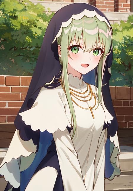 1girl, Cecilia, :d, bangs, blush, brick_wall, dress, eyebrows_visible_through_hair, hair_between_eyes, jewelry, long_hair, looking_at_viewer, necklace, nun, outdoors, smile, solo, upper_body, veil <lora:chara_Cecilia:0.7>