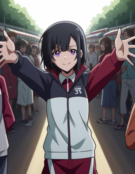 yuika shiwahime, short hair, black hair, purple eyes, shirt, jacket, necktie, shorts, sleeves past wrists, track jacket,