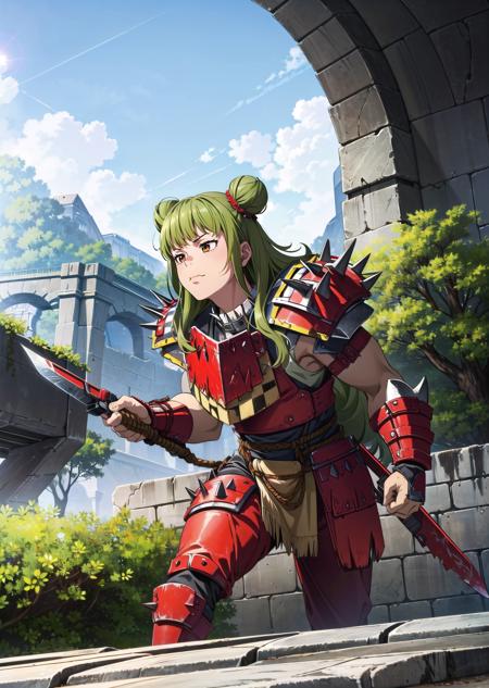 (1girl, dark green hair absurdly long hair triple bun, brown eyes, <lora:hanme:0.6>, wavy mouth) (digital) (  in detailed rope bridge, (red armor, shoulder armor, spikes, checkerboard, weapon)) , best quality, <lora:boldline:0.2>  <lora:hairdetailer:0.2> orkz,  <lora:orkz:1>