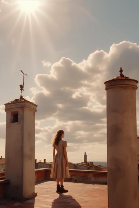 <lora:Director Yorgos Lanthimos style:1>Director Yorgos Lanthimos style - An 18-year-old girl with a height of 175 centimeters is standing on an Italian castle rooftop, gazing out into the distance. The sky is filled with thick, low clouds. A beam of sunlight shines on the girl, and in the distance, there is a lighthouse visible. The camera is shot in the style of a Leica camera, providing a high-quality video full of details.